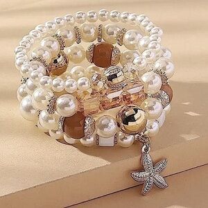 Chic White Pearl & Crystal Stretch Bracelets Nautical Beachy Vacation Jewelry